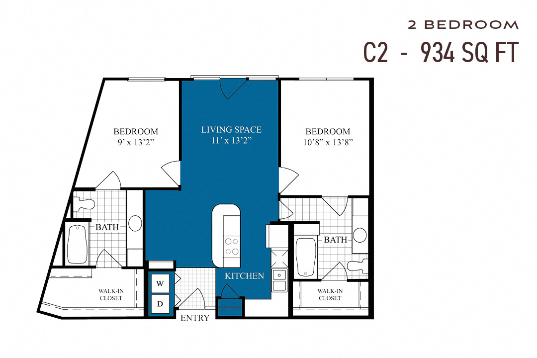 Floor plan for 2 beds, 2 baths, 934 sqft